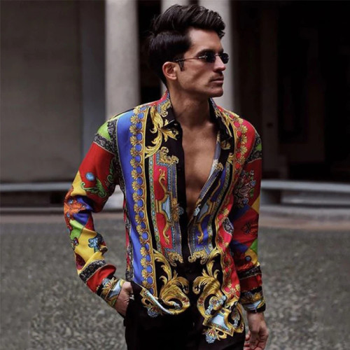 Men's new printed long-sleeved shirt casual and versatile vacation style tops