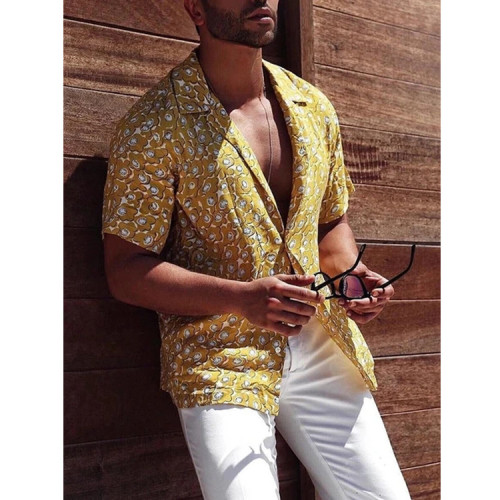 Men's shirt new yellow Hawaii casual beach short-sleeved