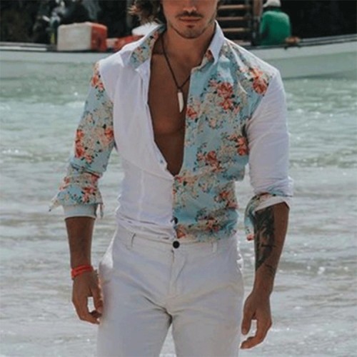 Men's asymmetric printing long-sleeved shirt fashion casual wind tops