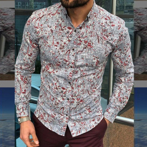 Men's long-sleeved shirt gray printed casual travel tops