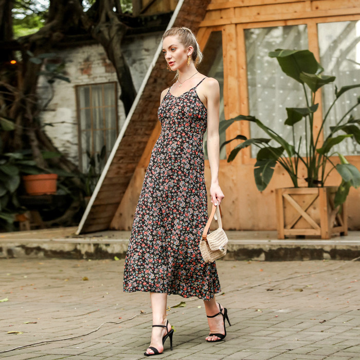Summer women's print floral halter slim large hem casual dresses