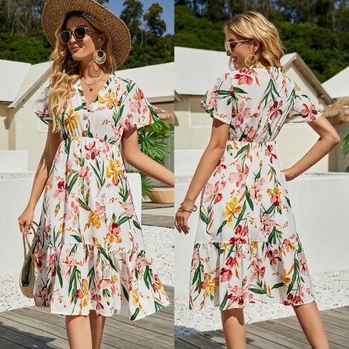 Summer elegant temperament V-neck printed dresses for women