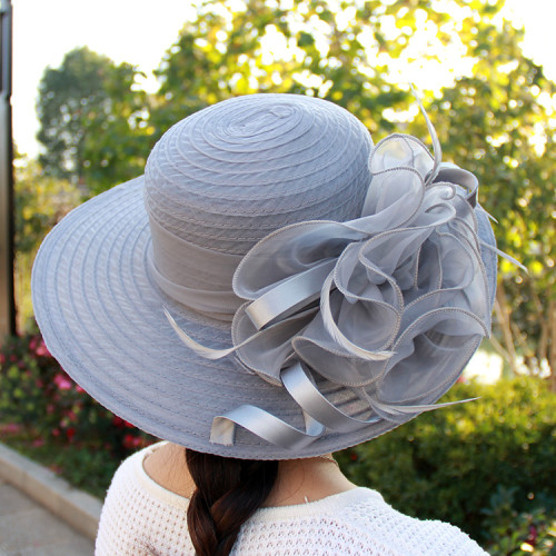 Mesh sun hat organza flowers temperament wedding cap sun protection round top large eaves cap