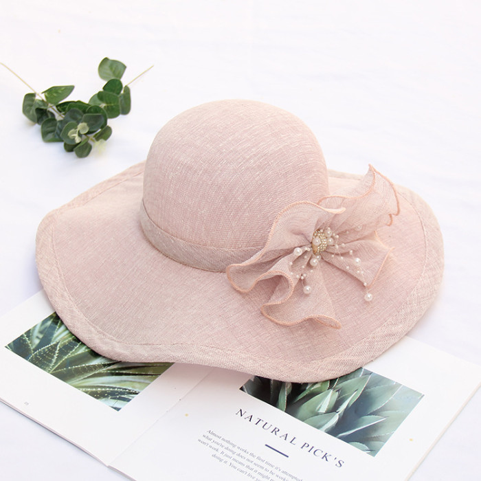 Sun protection sun hat female flowers rhinestone sun hat seaside cotton linen beach hat