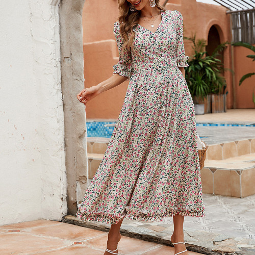 Summer fashion trend women's crushed flowers in the sleeve female long dress