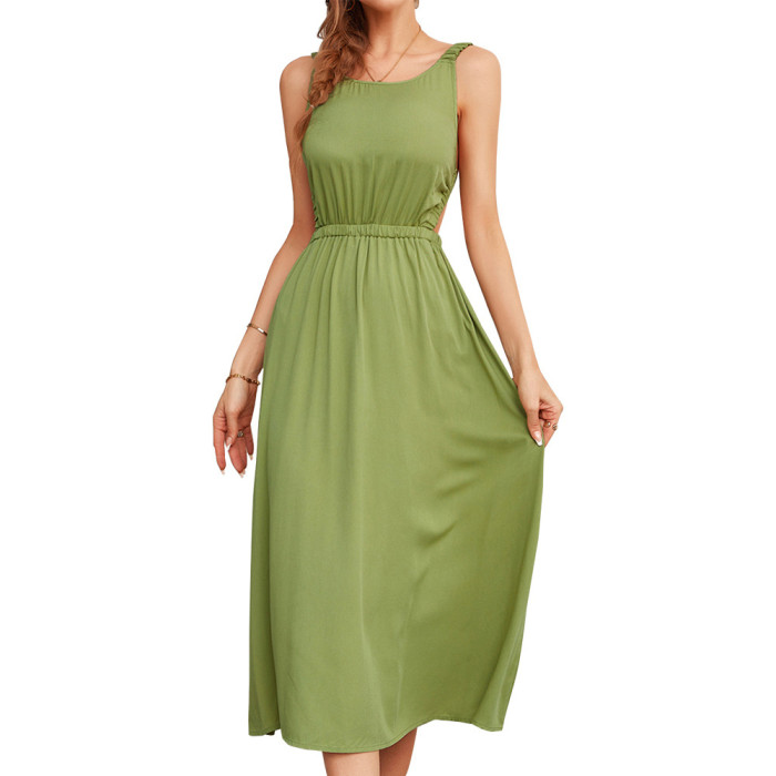 Halter backless dress 2022 summer solid color big swing dress long dress female