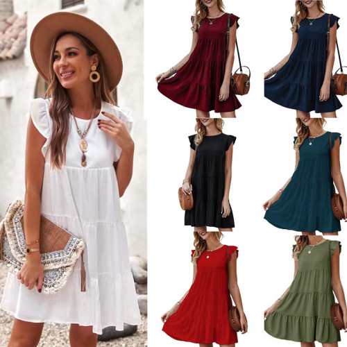 Summer new solid color round neck short-sleeved dress casual cake dress pleated hem dress