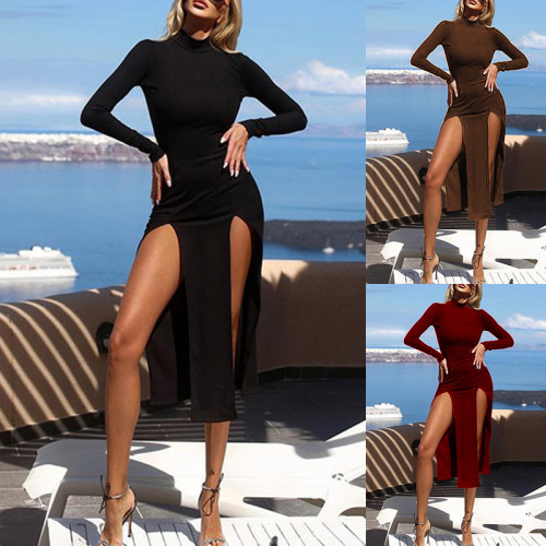 Solid color sexy slim double split half high neck long sleeve pit striped dress