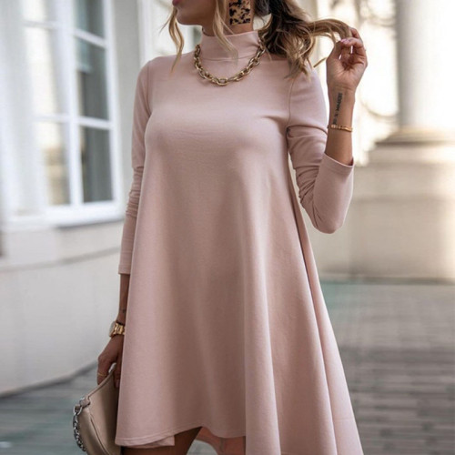 Fashion casual ladies solid color long sleeve high collar loose autumn dress