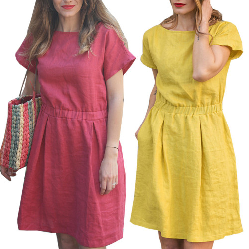 Solid color short-sleeved cotton linen dress cotton linen women