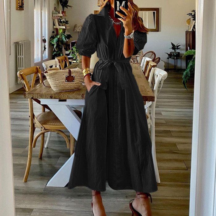 Autumn and winter new solid color fashion solid color mid-length shirt dress female