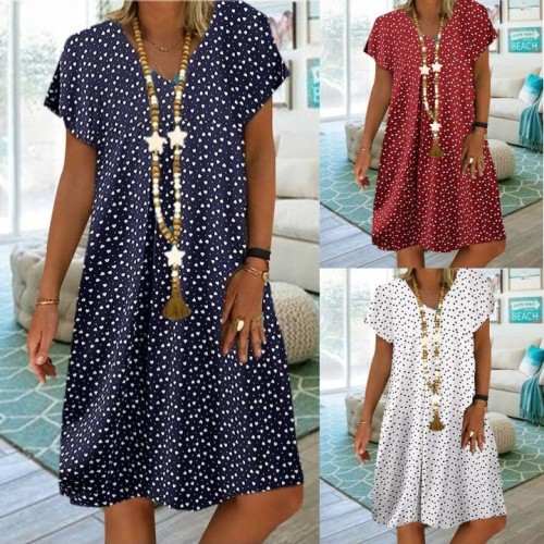 Summer new ladies casual short-sleeved V-neck polka dot heart print dress