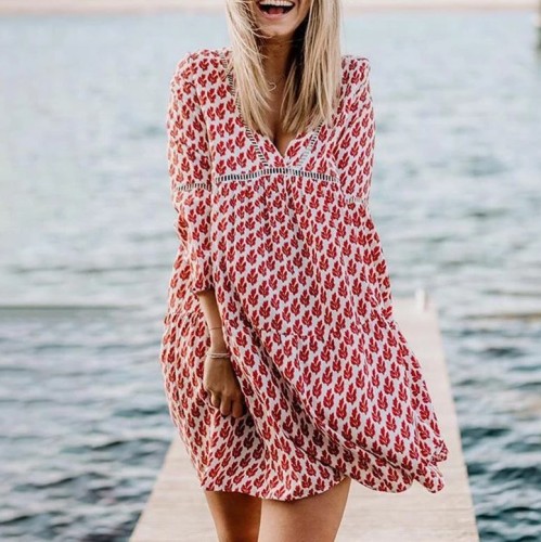 Fashion Women's Printed Loose Dresses 9-point Sleeve Beach Style Flared Sleeve