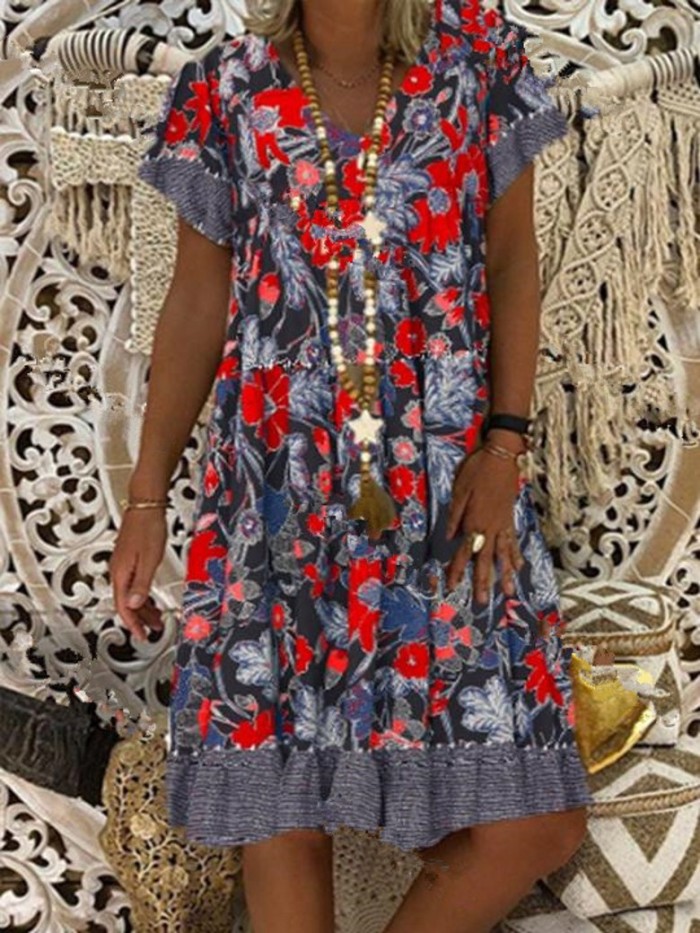 V-neck print short-sleeved mid-length skirt large size floral dress
