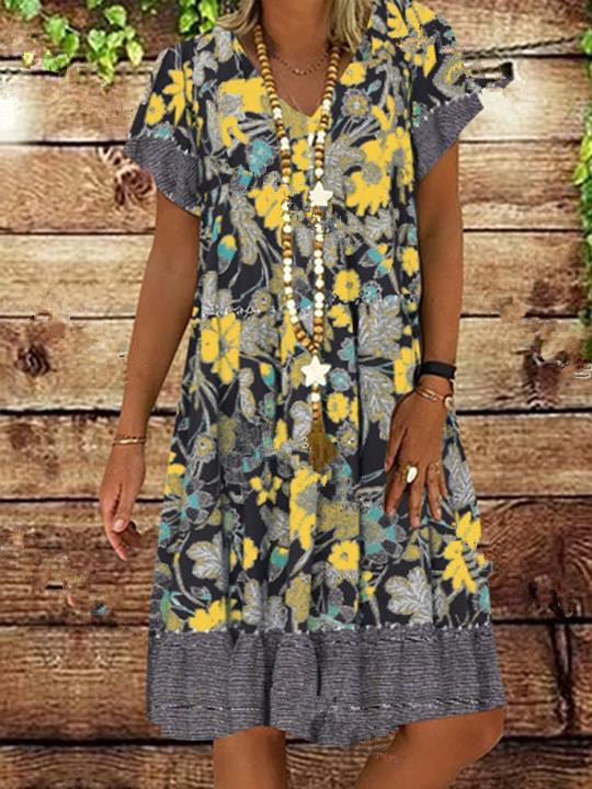 V-neck print short-sleeved mid-length skirt large size floral dress