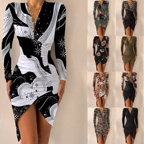 Autumn and winter long-sleeved V-neck print tight-fitting open dresses for women