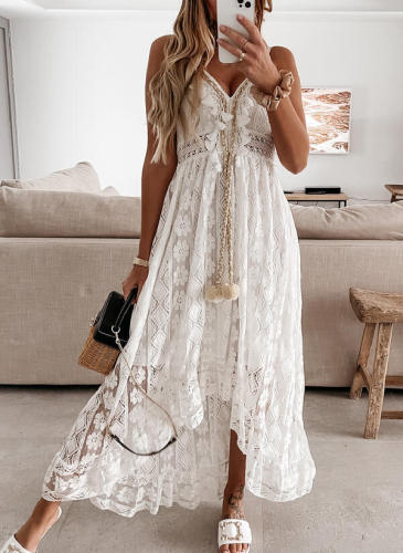 Summer new lace halter swing solid color long dress dress