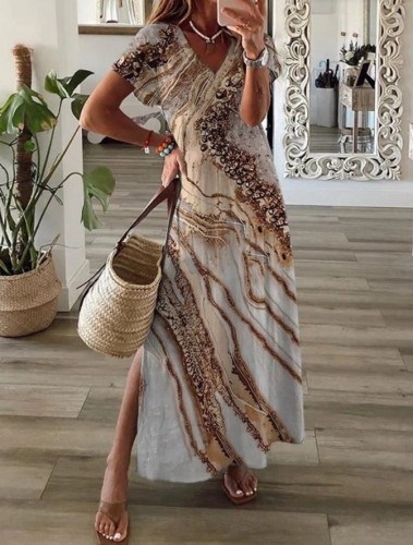 Printed long skirt mid-waist fashion ethnic wind halter type brown dress