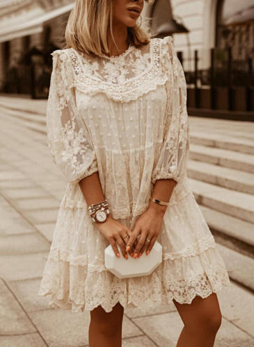 New solid color lace splicing lace seven-point sleeve mid-length dress