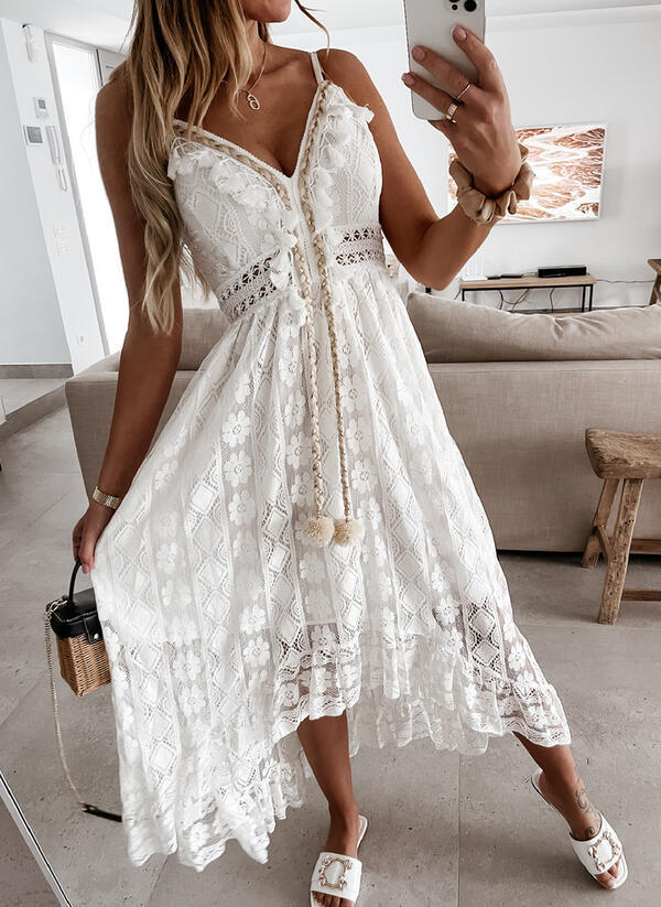 Summer new lace halter swing solid color long dress dress