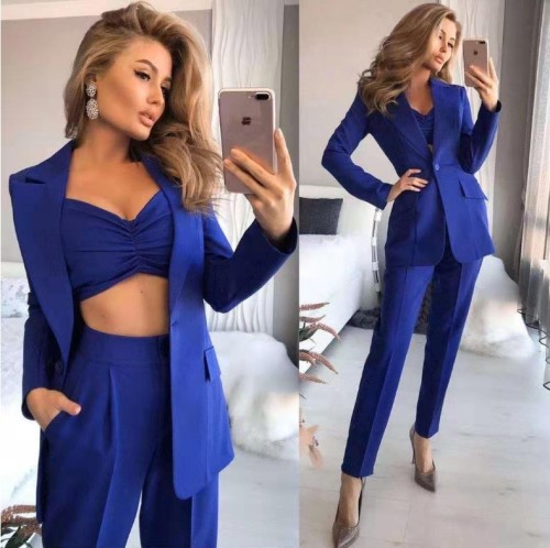 The new slim medium-length long-sleeved small suit loose solid color three-piece suit