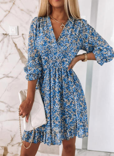 Pullover print short sleeve bubble sleeve mid-waist floral dress