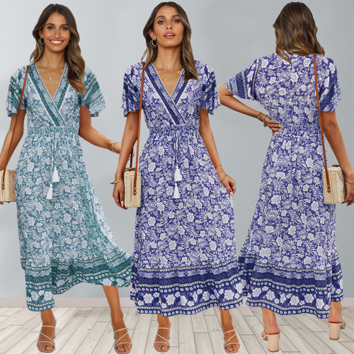 New cotton vintage print dress beach mid-length dress