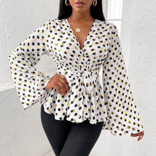 New slim-fit tops women's pullover printed chiffon V-neck shirt