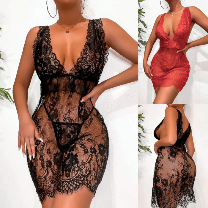 Hot Temptation Erotic Set Sexy Black Thong Erotic Lace Nightgown