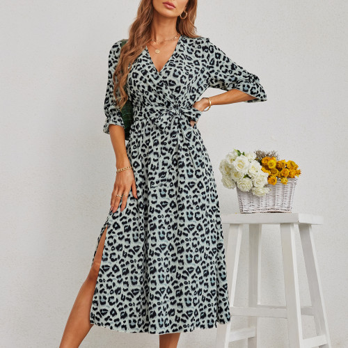 Summer new waist tie skirt leopard print split dress
