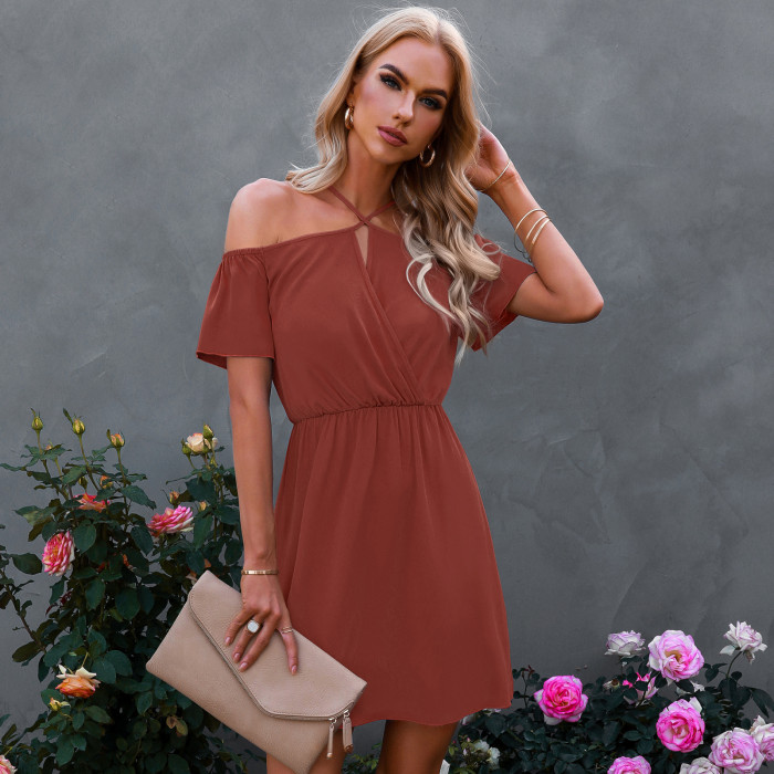 Summer new solid colour strapless halter dress short dress