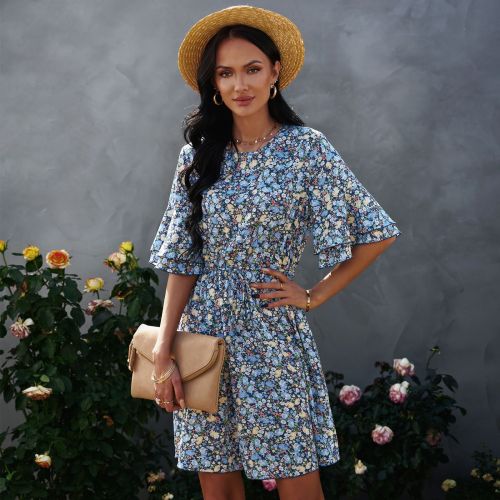Summer new five-part sleeve floral chiffon dress women
