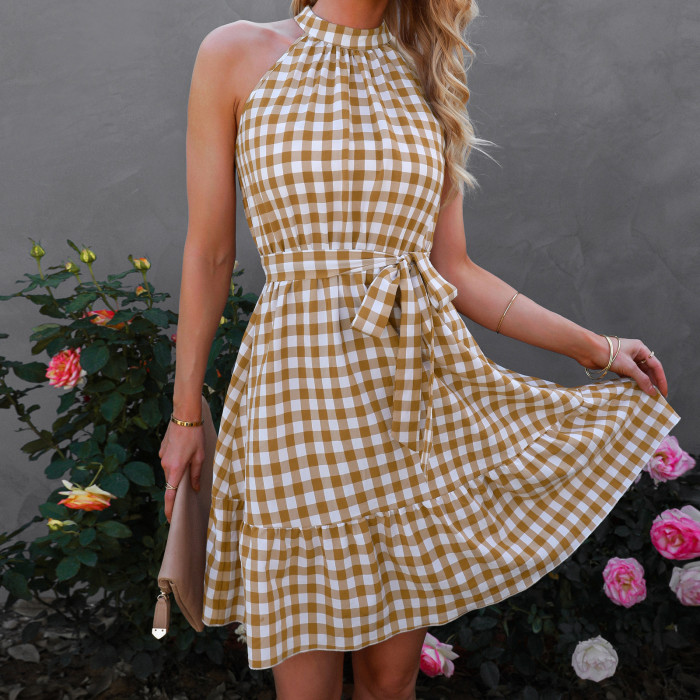 Summer new wrap sleeveless ruffle plaid dress medium dress