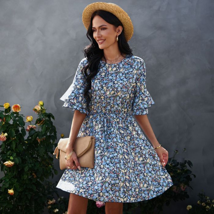 Summer new five-part sleeve floral chiffon dress women