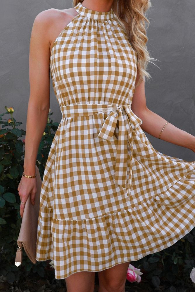 Summer new wrap sleeveless ruffle plaid dress medium dress