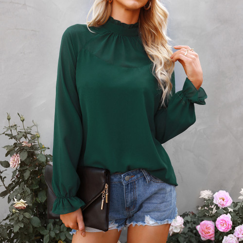Early spring new chiffon tops solid colour loose pullover long sleeve T-shirt