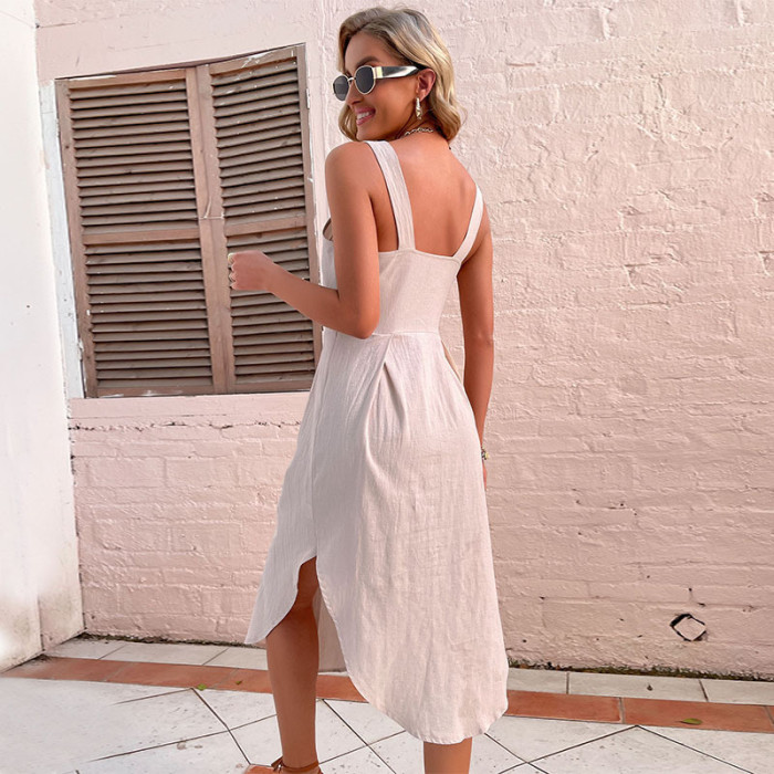 Summer solid colour halter dress slim irregular cotton linen dress
