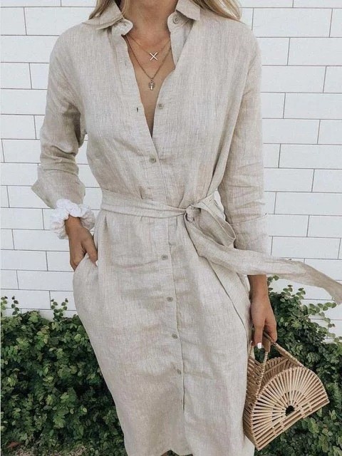 New Plus Size Casual Button Down Long Sleeve Pocket Dress