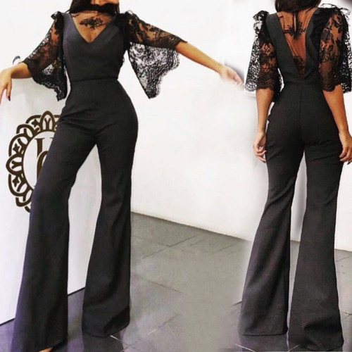 New women's sexy V-neck lace mid-sleeve jumpsuit