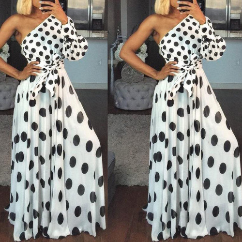New Women's One Shoulder Sleeve Polka Dot Slim Long Dress