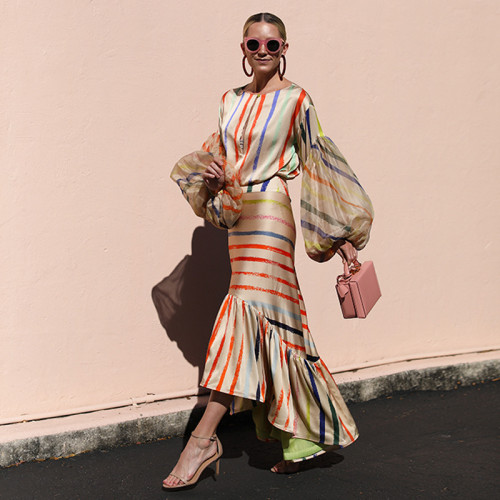 New Women's Round Neck Long Sleeve Rainbow Striped Dress Two Piece
