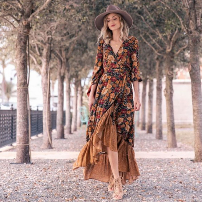 Spring new women's long-sleeved printed vintage dress long dress