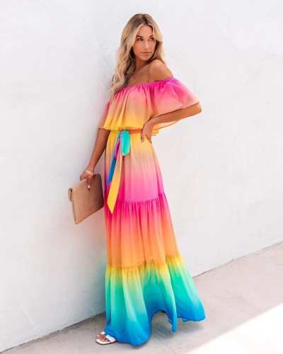 Summer new women's one-shoulder lace-up gradient dress long dress