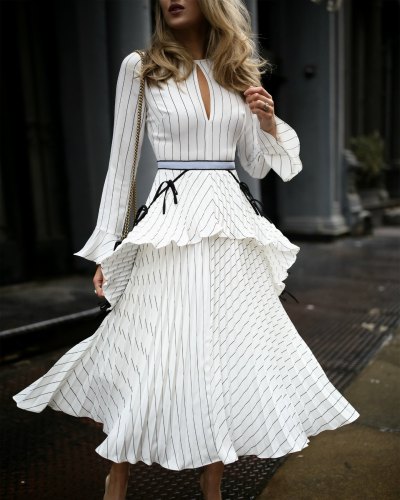 Spring and summer new women's long-sleeved slim dress striped medium-length dress