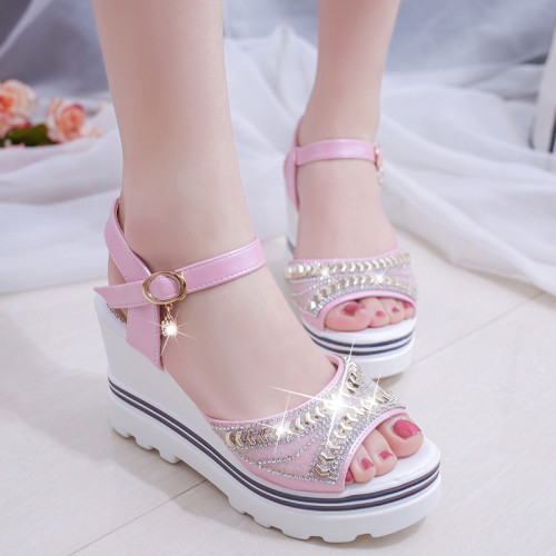 New solid colour slope heel rhinestone sandals fashion fish mouth shoes