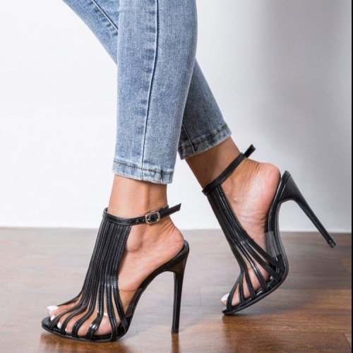 Sexy fashion hollow thin heeled one word buckle with high heeled Roman sandals