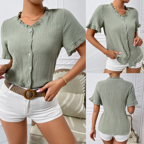 Cotton linen shirt women 2022 summer short sleeve blouse wooden ear trim women