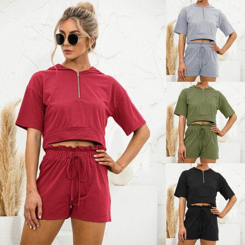 Solid colour hooded zip-up shorts casual set