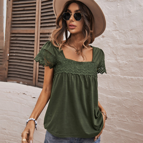 Square Neck Top 2022 Summer Short Sleeve Lace Patchwork Women's