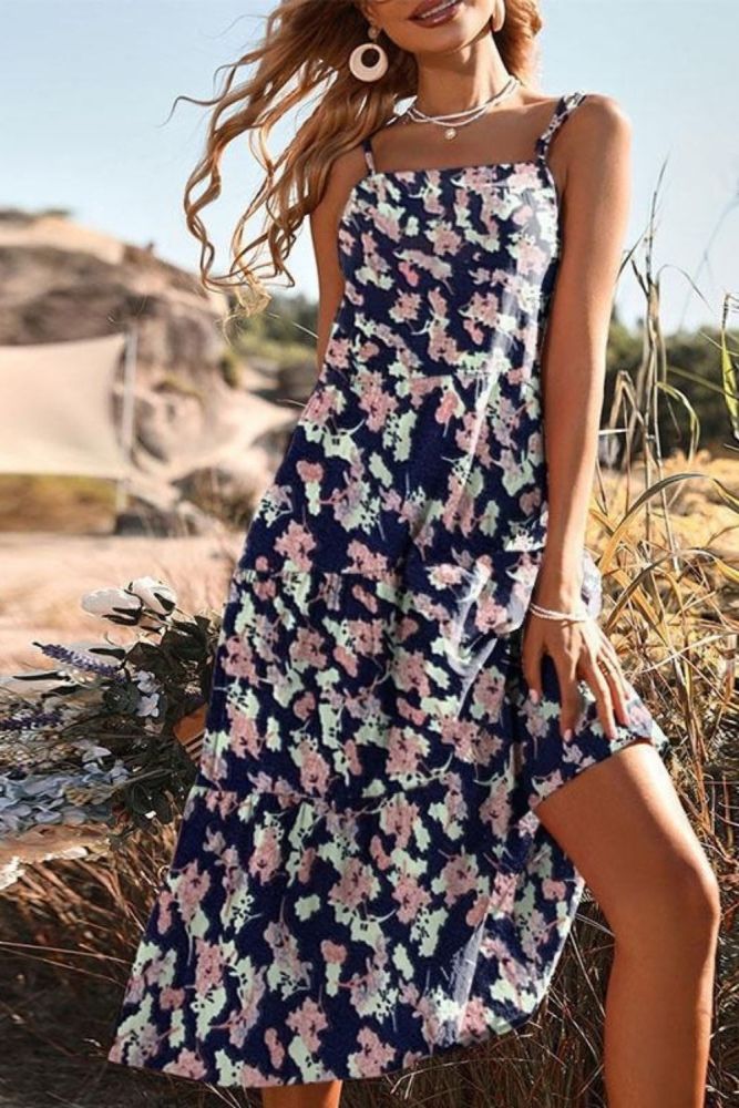 Sexy floral halter dress 2022 summer new slim print long dress women